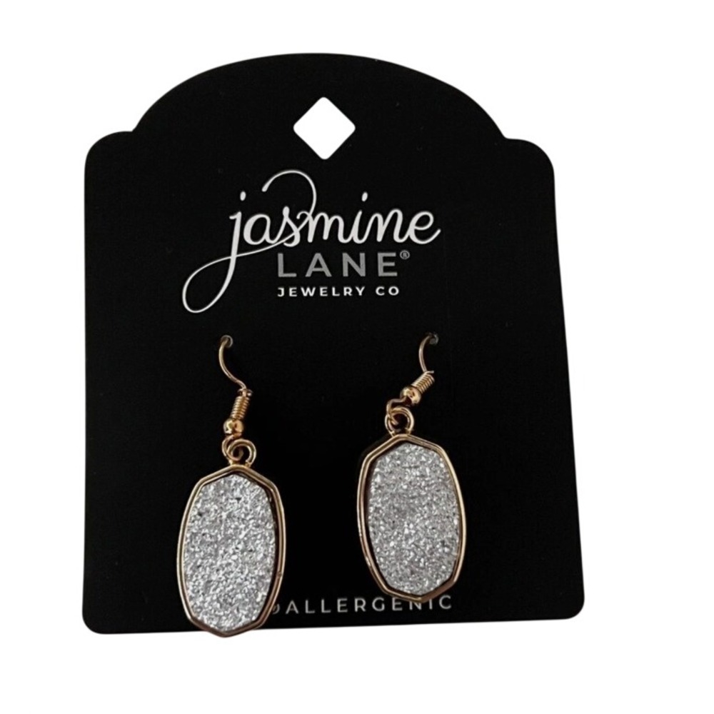 Jasmine Lane Gold Silver Glitter Druzy Hexagon Drop Earrings Hypoallergenic
